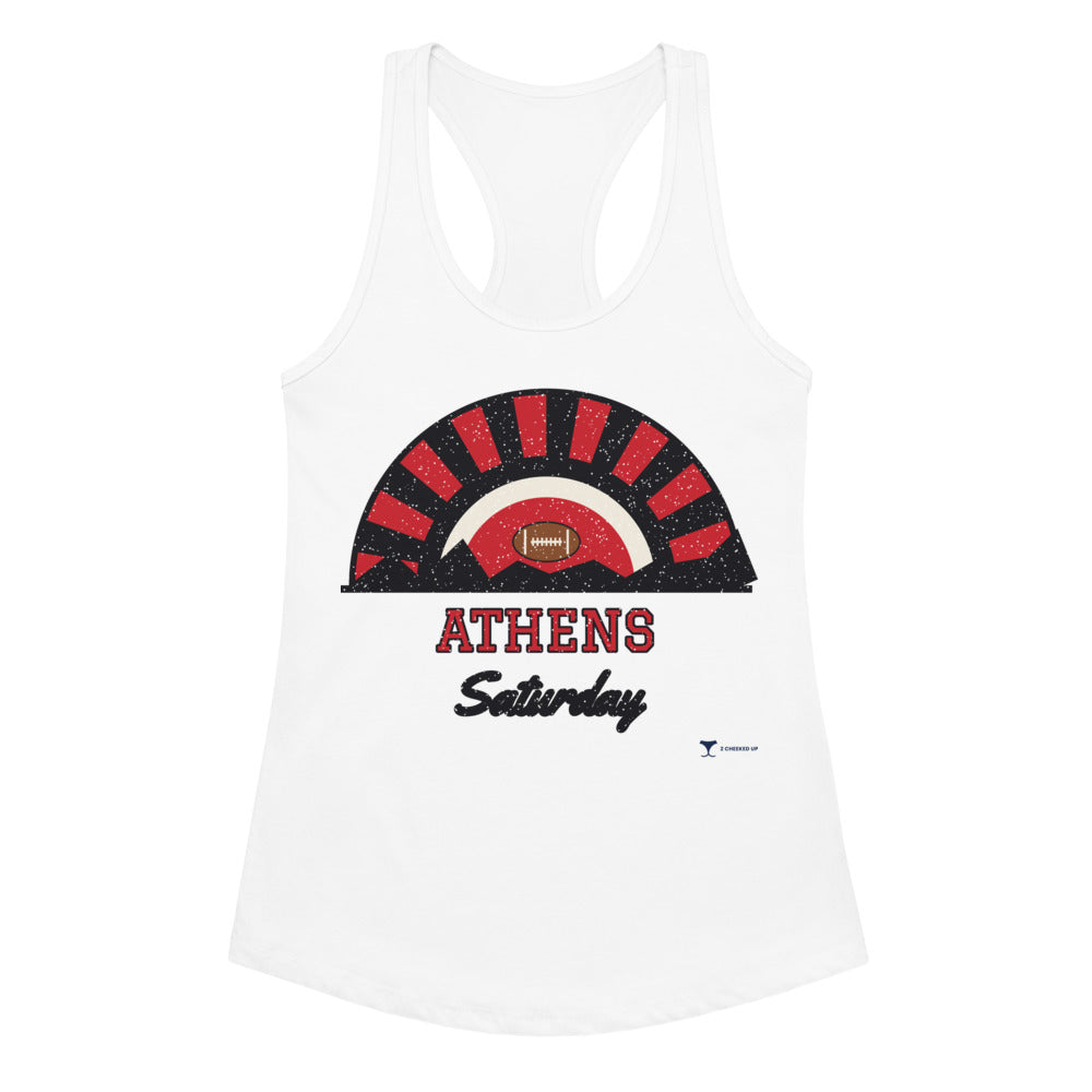 Women's Athens Saturday Racerback Tank in White, front view