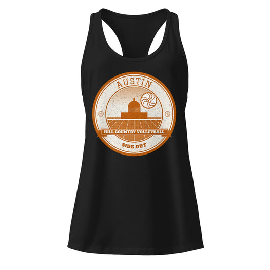 Austin Hill Country Volleyball Women's Racerback Tank in Black, front view