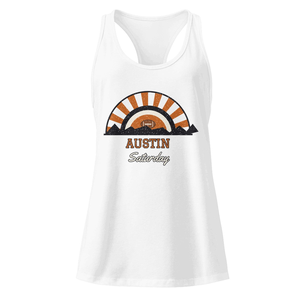 Women's Austin Saturday Racerback Tank in White, front view