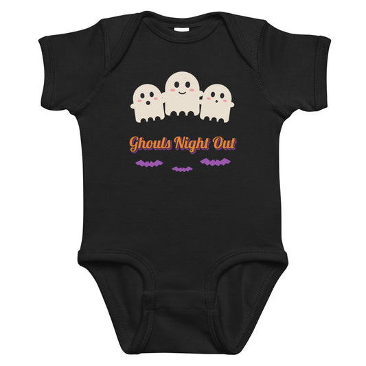 Ghouls Night Out Baby Onesie in black, mockup of the design printed on the front of the baby onesie