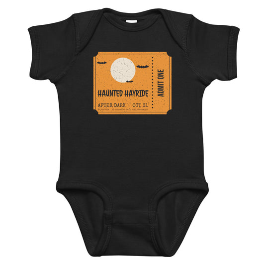 Haunted Hayride Baby Onesie in black, mockup of the design printed on the front of the baby onesie