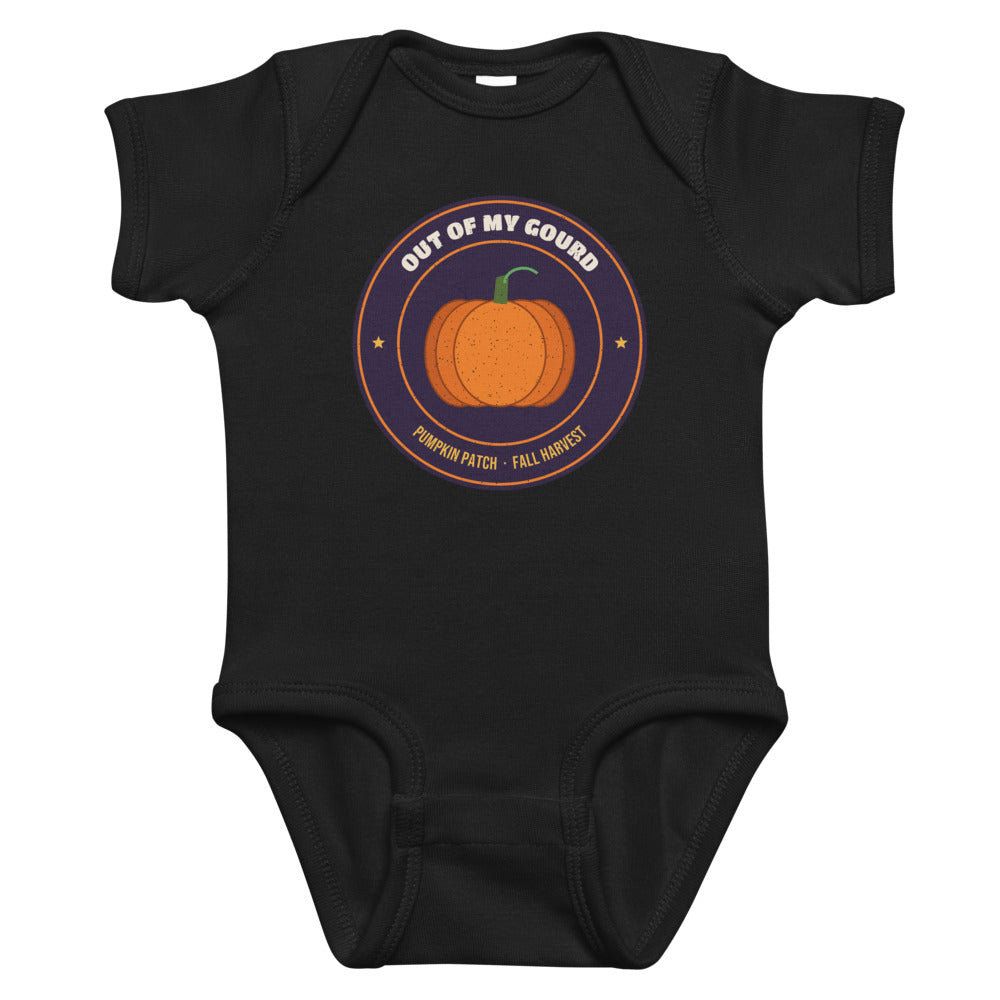 Out of My Gourd Baby Onesie in black, mockup of the design printed on the front of the baby onesie