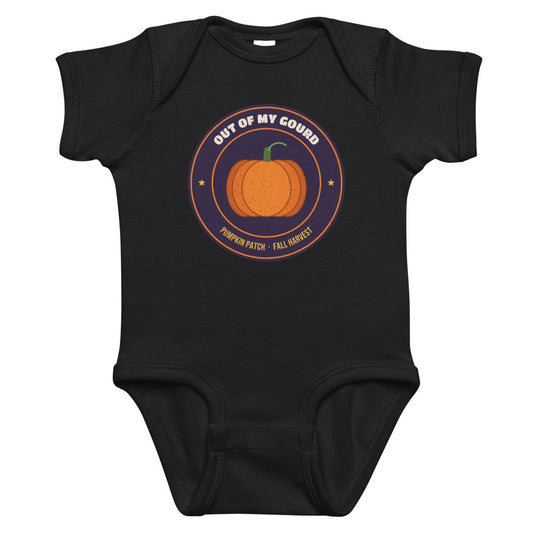 Out of My Gourd Baby Onesie in black, mockup of the design printed on the front of the baby onesie