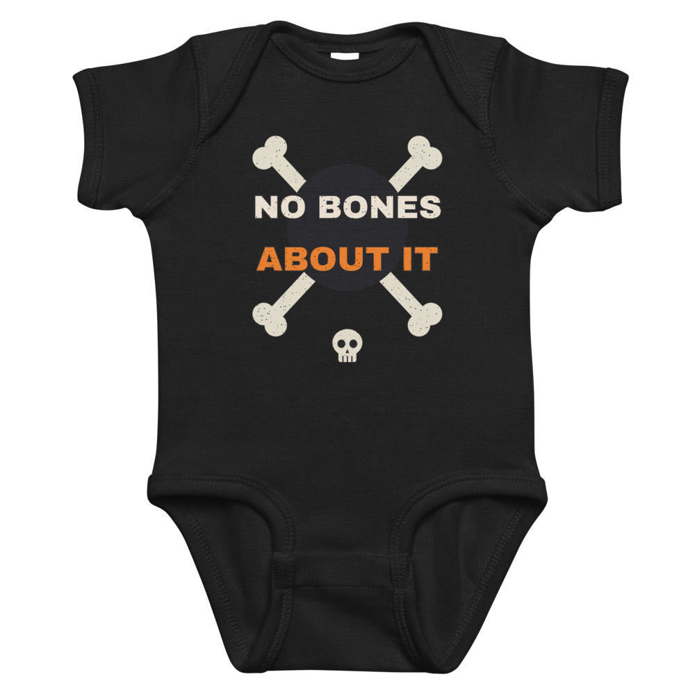 No Bones About It Baby Onesie in black, mockup of the design printed on the front of the baby onesie