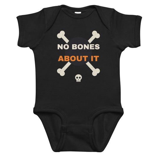 No Bones About It Baby Onesie in black, mockup of the design printed on the front of the baby onesie