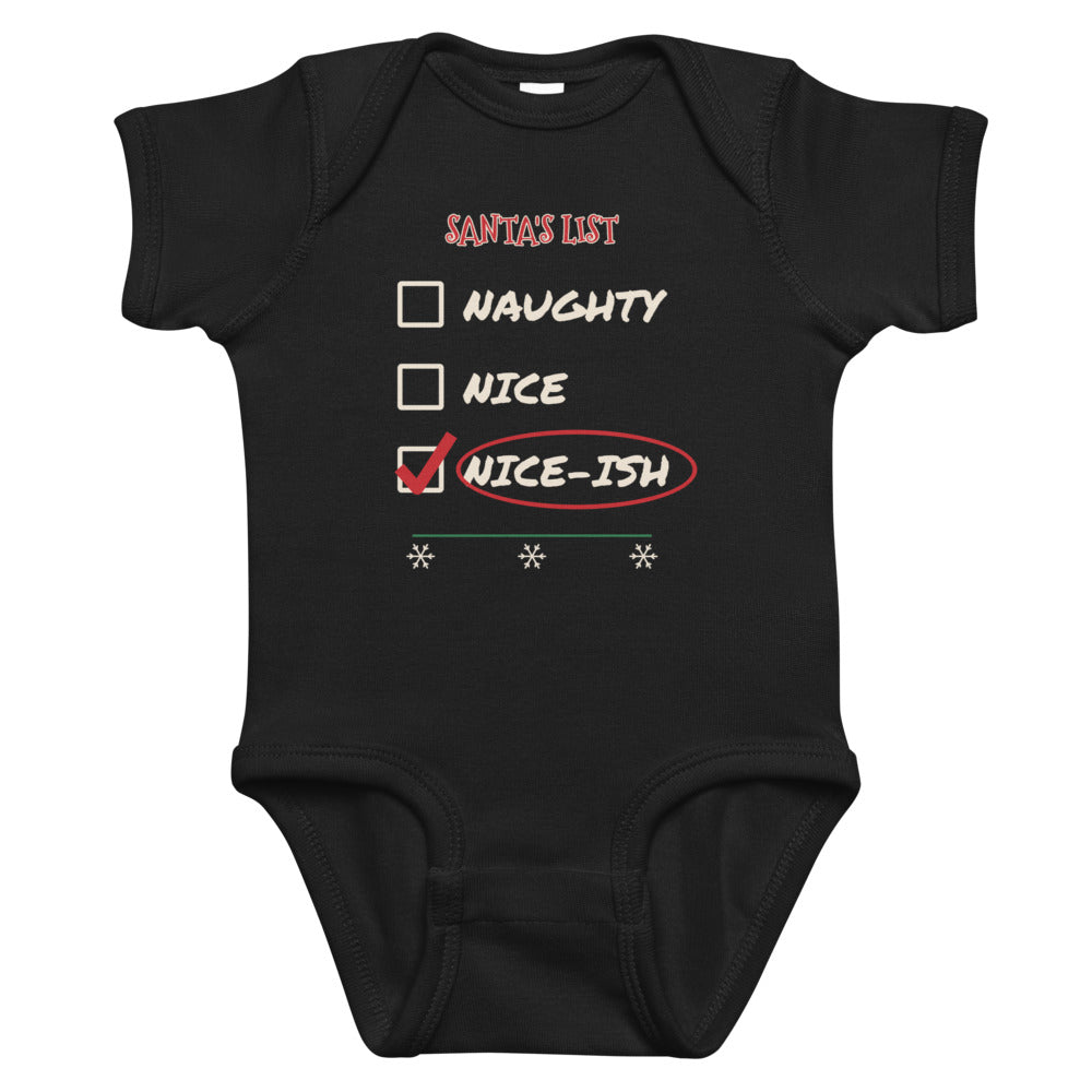 Nice-ish Baby Onesie in black, mockup of the design printed on the front of the baby onesie