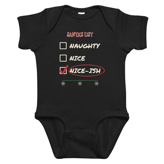 Nice-ish Baby Onesie in black, mockup of the design printed on the front of the baby onesie