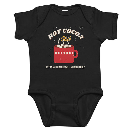Hot Cocoa Club Baby Onesie in black, mockup of the design printed on the front of the baby onesie