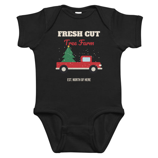 Fresh Cut Tree Farm Baby Onesie in black, mockup of the design printed on the front of the baby onesie