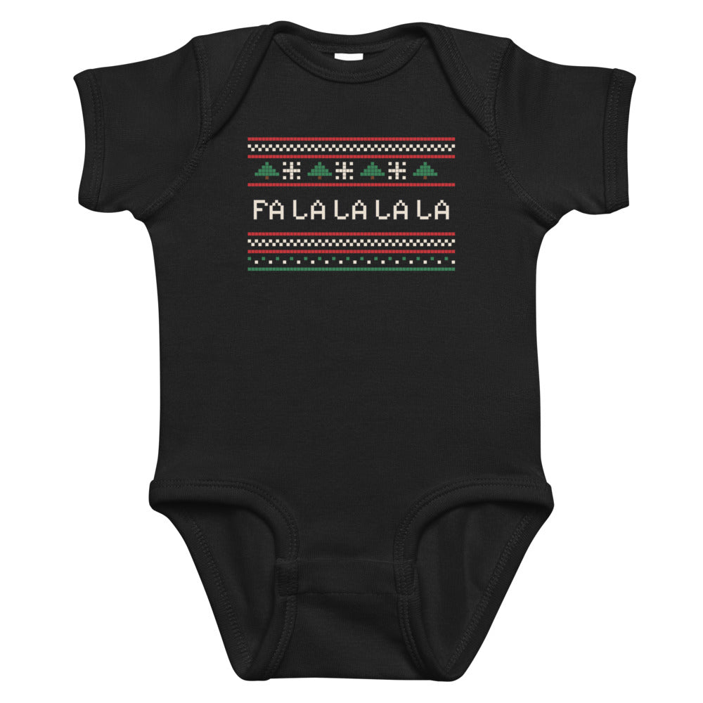 Fa La La Knit Baby Onesie in black, mockup of the design printed on the front of the baby onesie