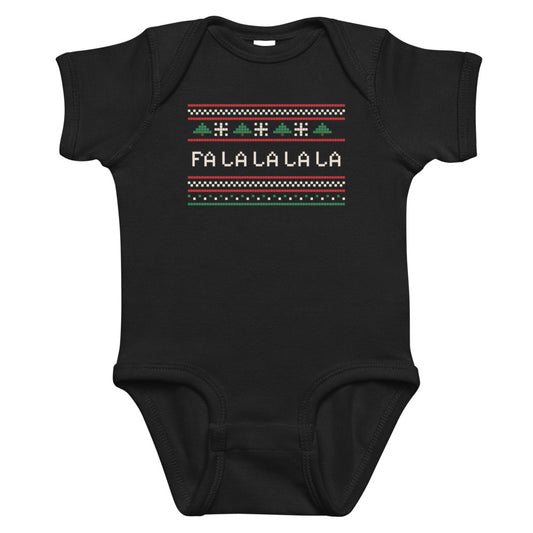 Fa La La Knit Baby Onesie in black, mockup of the design printed on the front of the baby onesie