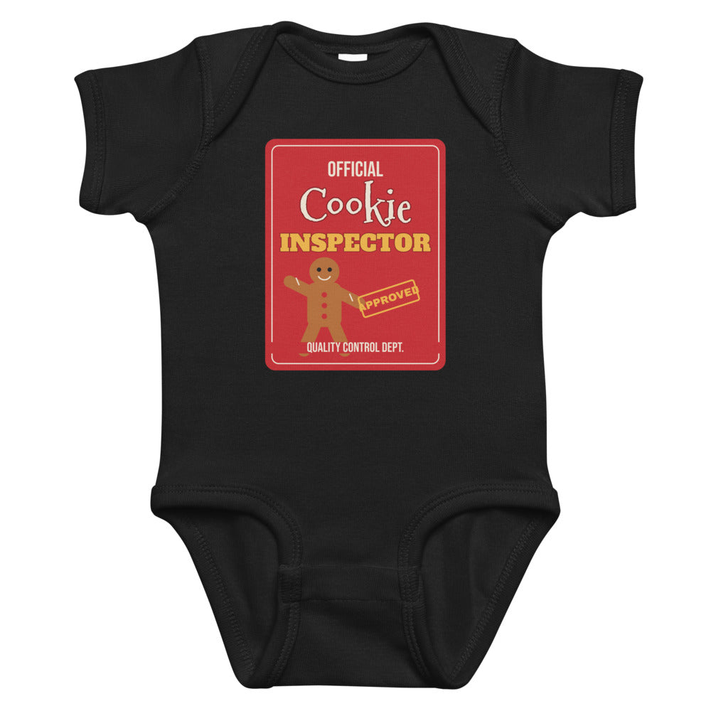 Cookie Inspector Baby Onesie in black, mockup of the design printed on the front of the baby onesie