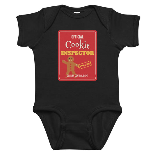 Cookie Inspector Baby Onesie in black, mockup of the design printed on the front of the baby onesie