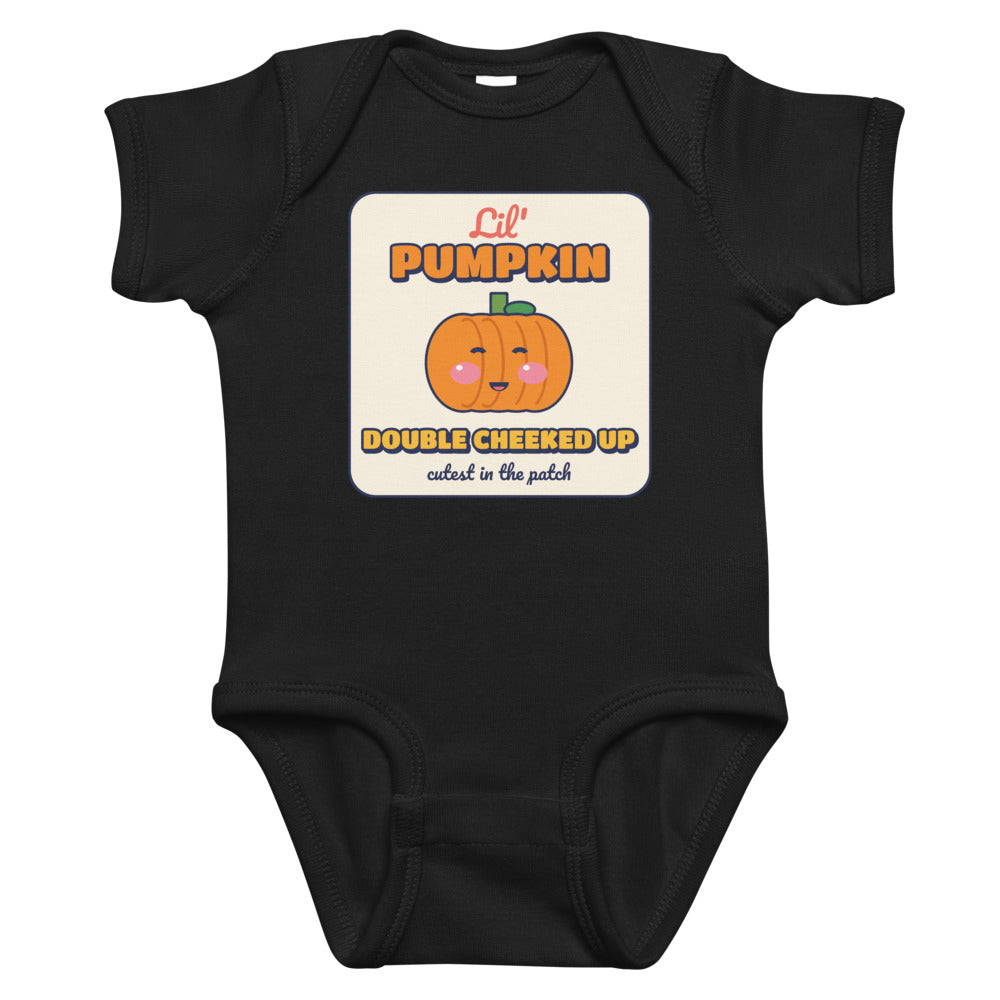 Double Cheeked Up Lil' Pumpkin Baby Onesie in black, mockup of the design printed on the front of the baby onesie
