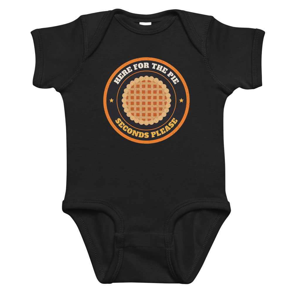 Here for the Pie Baby Onesie in black, mockup of the design printed on the front of the baby onesie