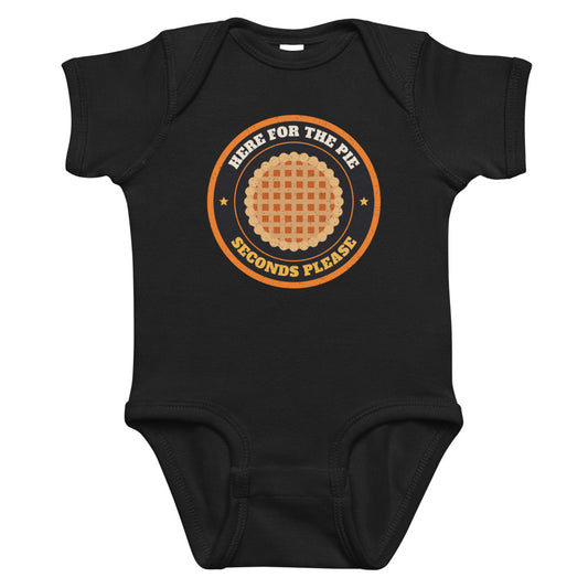Here for the Pie Baby Onesie in black, mockup of the design printed on the front of the baby onesie