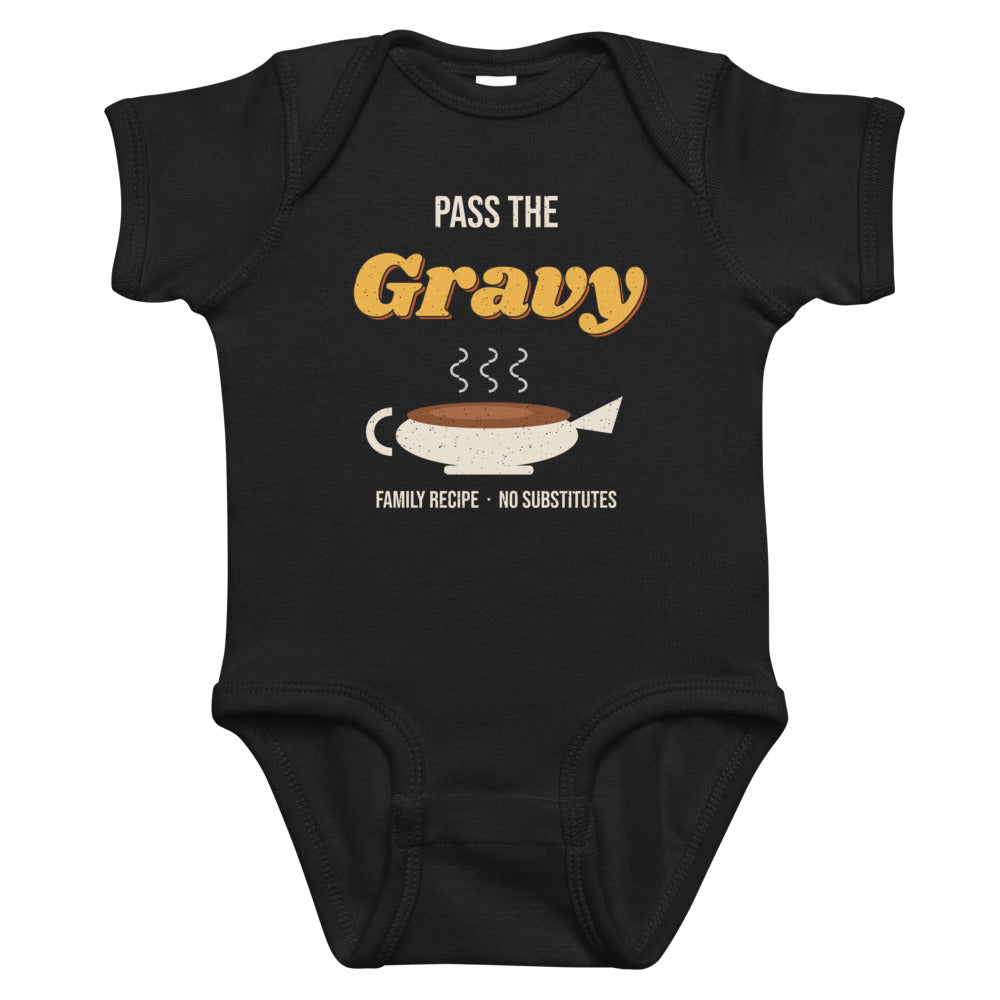 Pass the Gravy Baby Onesie in black, mockup of the design printed on the front of the baby onesie