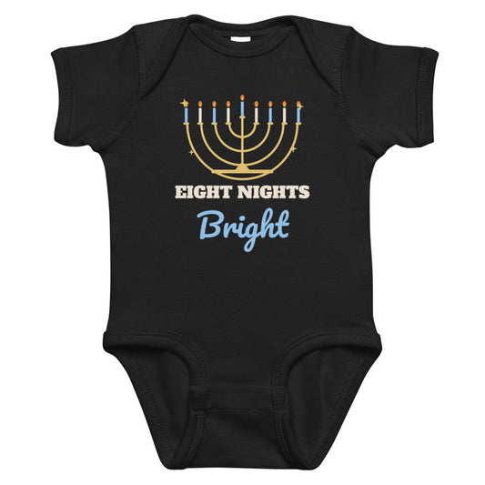 Eight Nights Bright Baby Onesie in black, mockup of the design printed on the front of the baby onesie