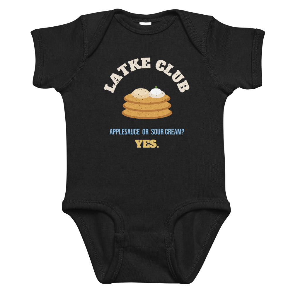 Latke Club Baby Onesie in black, mockup of the design printed on the front of the baby onesie