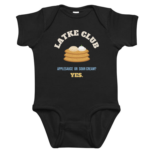 Latke Club Baby Onesie in black, mockup of the design printed on the front of the baby onesie