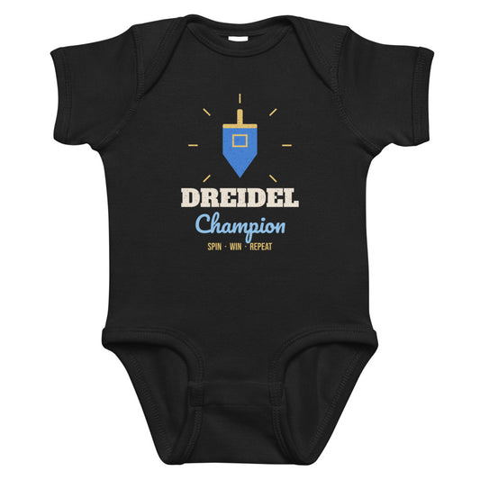 Dreidel Champion Baby Onesie in black, mockup of the design printed on the front of the baby onesie