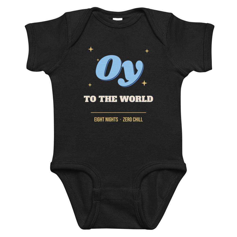Oy to the World Baby Onesie in black, mockup of the design printed on the front of the baby onesie