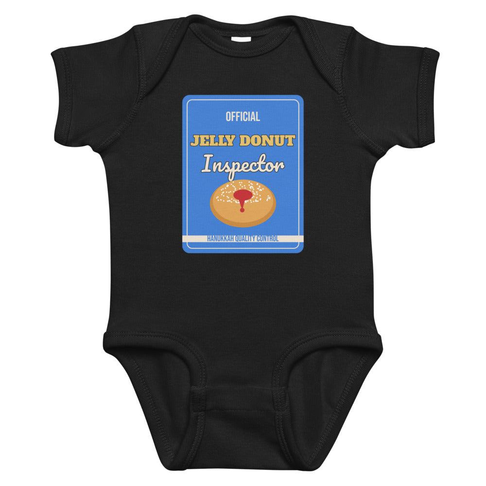 Jelly Donut Inspector Baby Onesie in black, mockup of the design printed on the front of the baby onesie