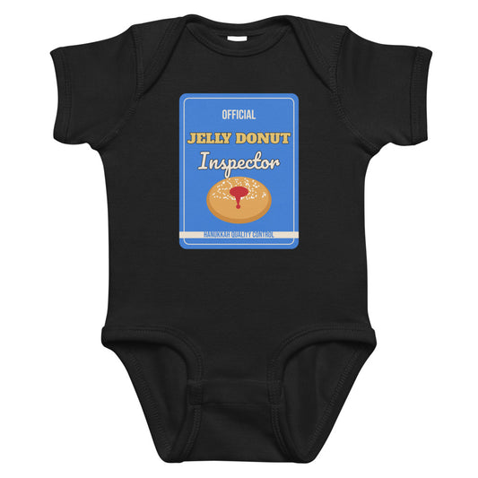 Jelly Donut Inspector Baby Onesie in black, mockup of the design printed on the front of the baby onesie