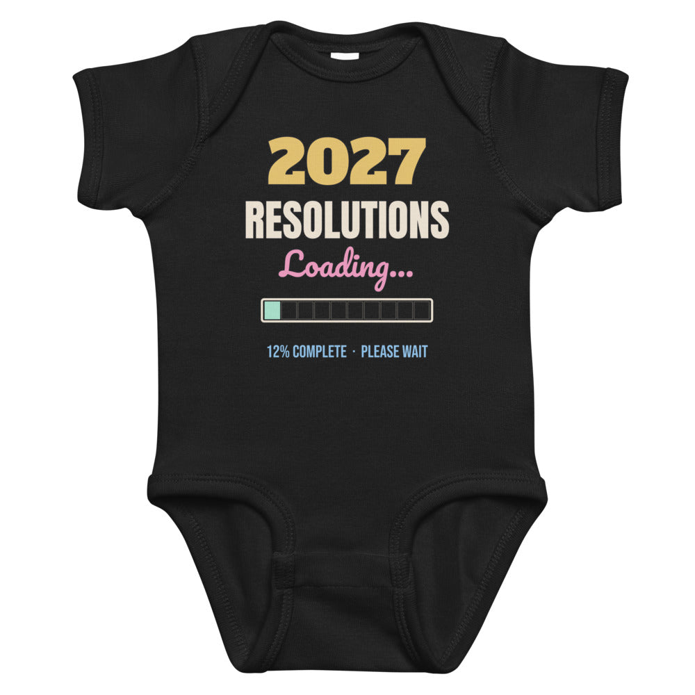 2027 Resolutions Loading Baby Onesie in black, mockup of the design printed on the front of the baby onesie