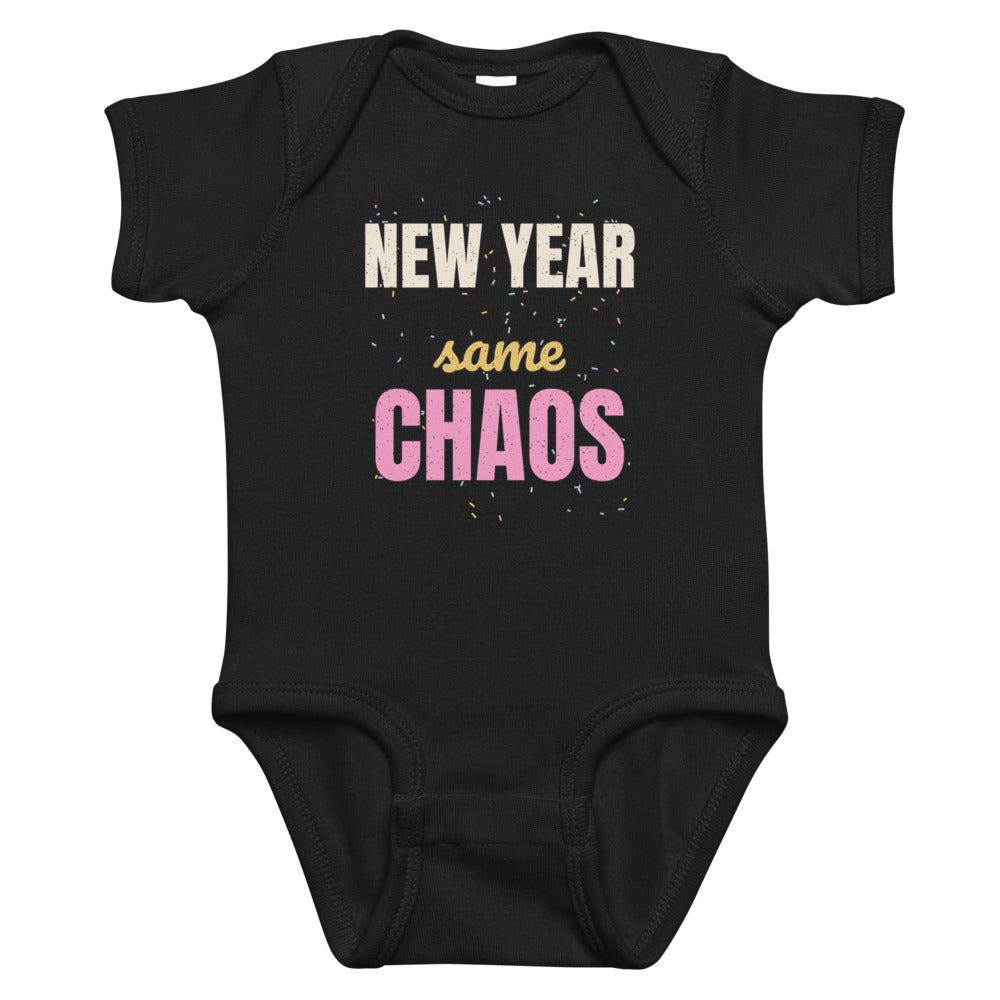 New Year Same Chaos Baby Onesie in black, mockup of the design printed on the front of the baby onesie
