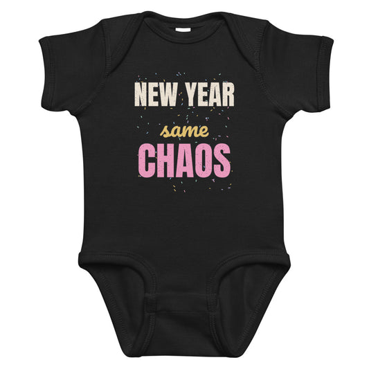 New Year Same Chaos Baby Onesie in black, mockup of the design printed on the front of the baby onesie