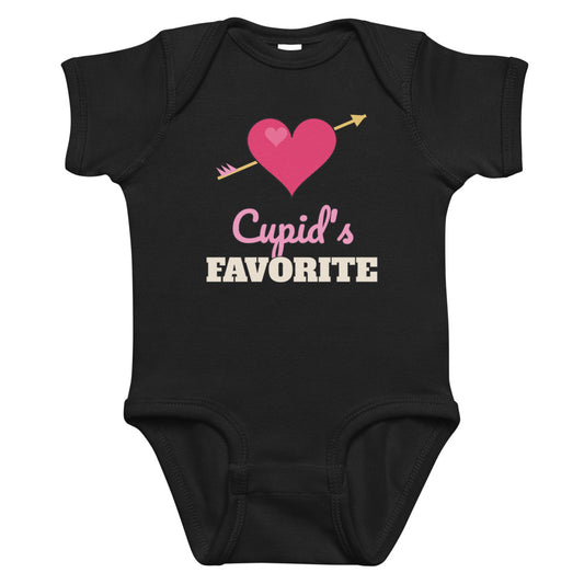 Cupid's Favorite Baby Onesie in black, mockup of the design printed on the front of the baby onesie