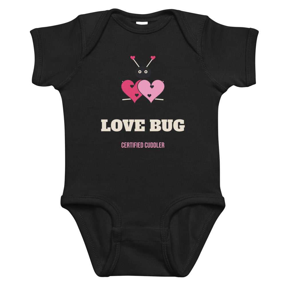 Love Bug Baby Onesie in black, mockup of the design printed on the front of the baby onesie
