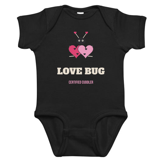 Love Bug Baby Onesie in black, mockup of the design printed on the front of the baby onesie