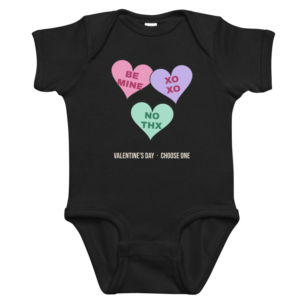 Candy Heart Mood Baby Onesie in black, mockup of the design printed on the front of the baby onesie