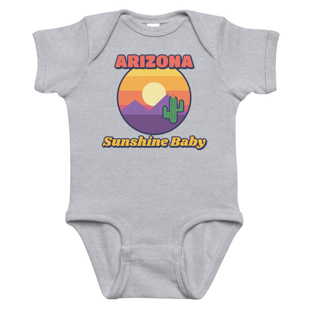 Arizona Sunshine Baby Onesie in heather, mockup of the design printed on the front of the baby onesie