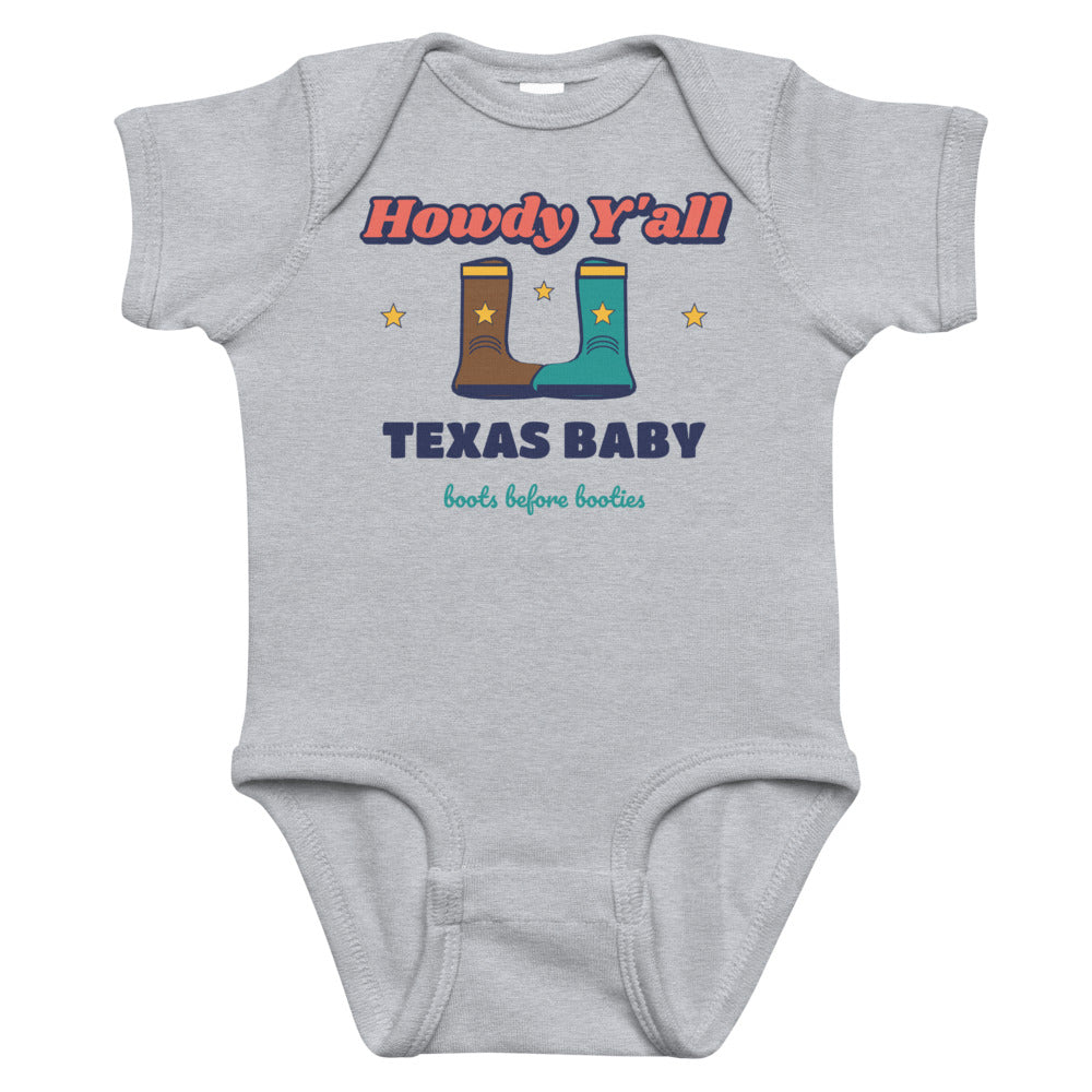 Howdy Y'all Texas Baby Onesie in heather, mockup of the design printed on the front of the baby onesie