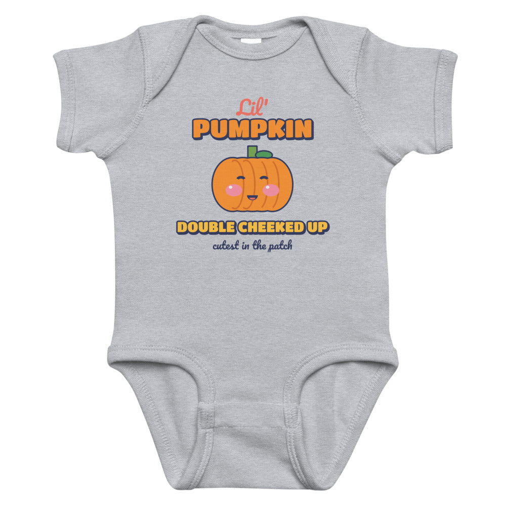 Double Cheeked Up Lil' Pumpkin Baby Onesie in heather, mockup of the design printed on the front of the baby onesie
