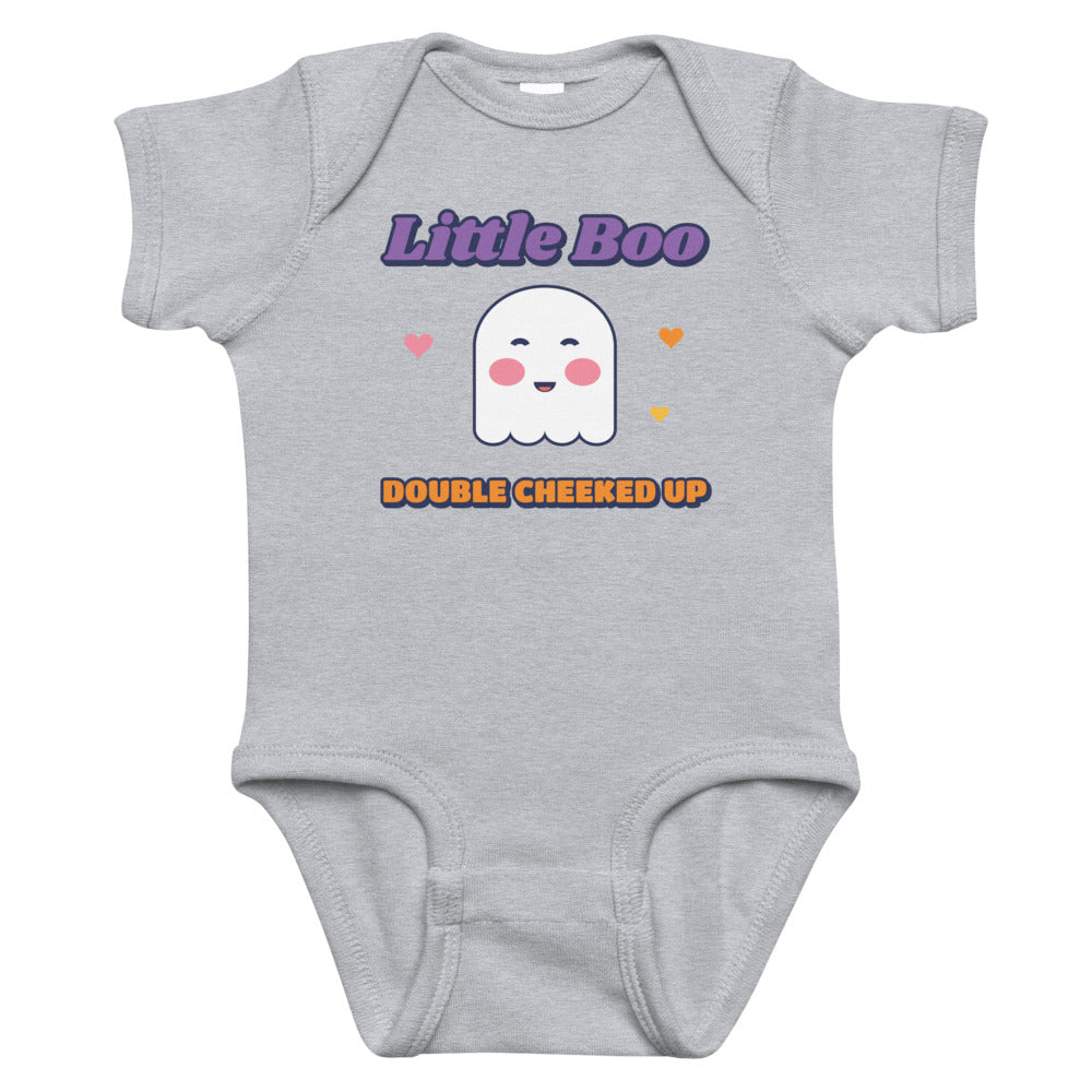 Double Cheeked Up Little Boo Baby Onesie in heather, mockup of the design printed on the front of the baby onesie
