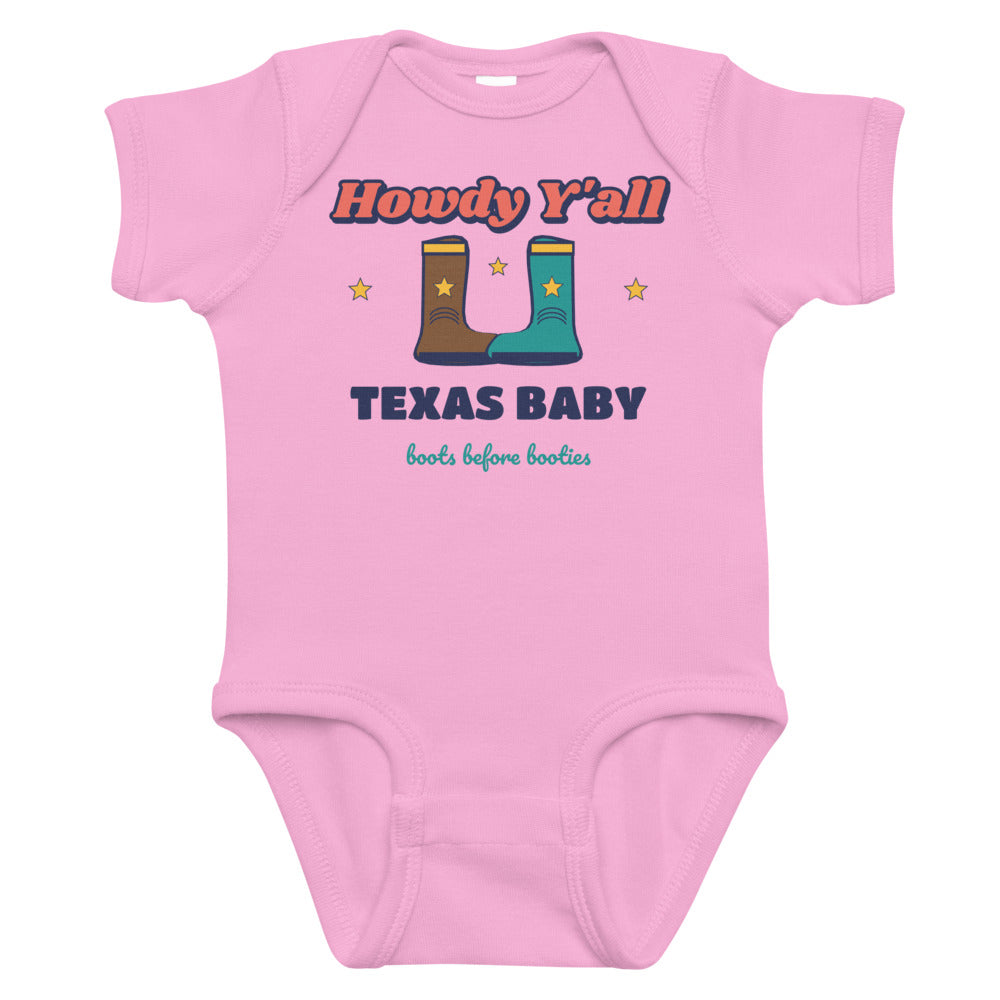 Howdy Y'all Texas Baby Onesie in pink, mockup of the design printed on the front of the baby onesie