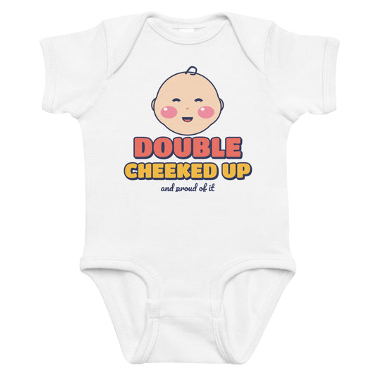 Double Cheeked Up Baby Face Onesie in white, mockup of the design printed on the front of the baby onesie