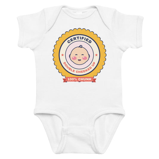 Certified Double Cheeked Up Baby Onesie in white, mockup of the design printed on the front of the baby onesie