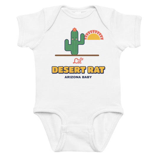 Lil' Desert Rat Arizona Baby Onesie in white, mockup of the design printed on the front of the baby onesie