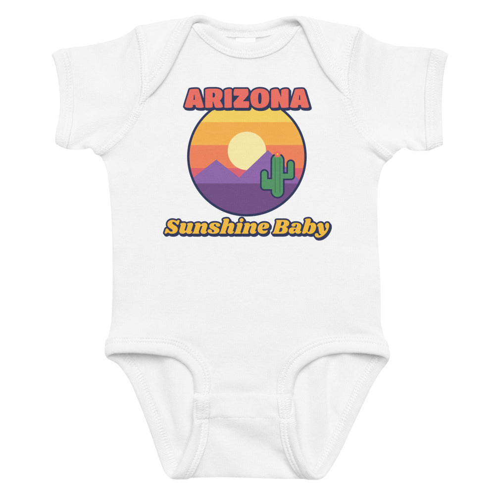 Arizona Sunshine Baby Onesie in white, mockup of the design printed on the front of the baby onesie