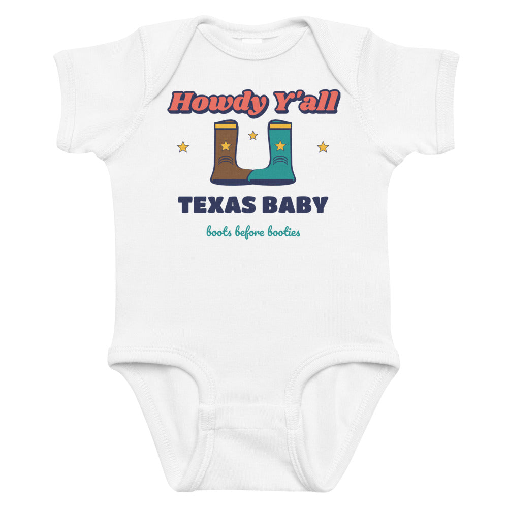 Howdy Y'all Texas Baby Onesie in white, mockup of the design printed on the front of the baby onesie