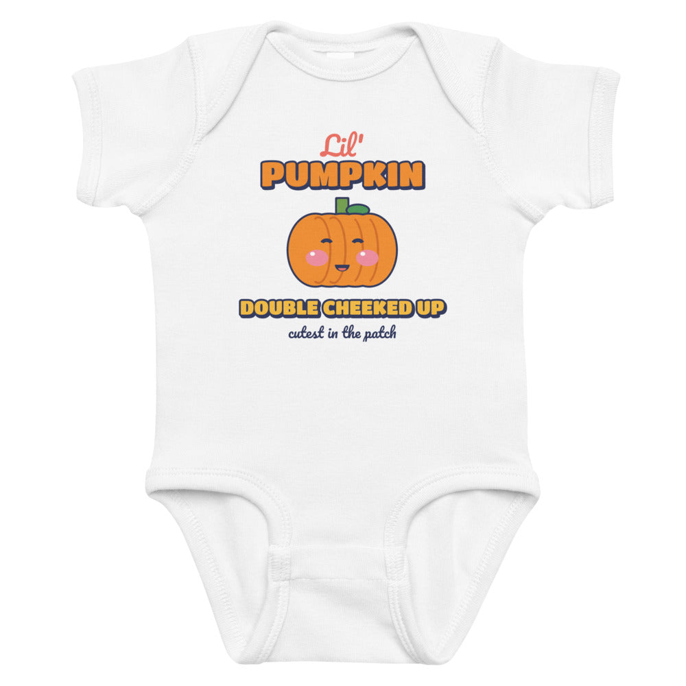 Double Cheeked Up Lil' Pumpkin Baby Onesie in white, mockup of the design printed on the front of the baby onesie