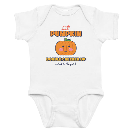 Double Cheeked Up Lil' Pumpkin Baby Onesie in white, mockup of the design printed on the front of the baby onesie