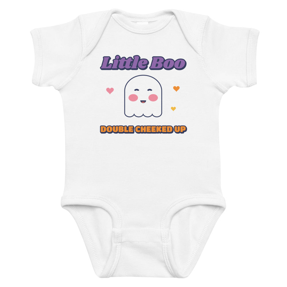Double Cheeked Up Little Boo Baby Onesie in white, mockup of the design printed on the front of the baby onesie