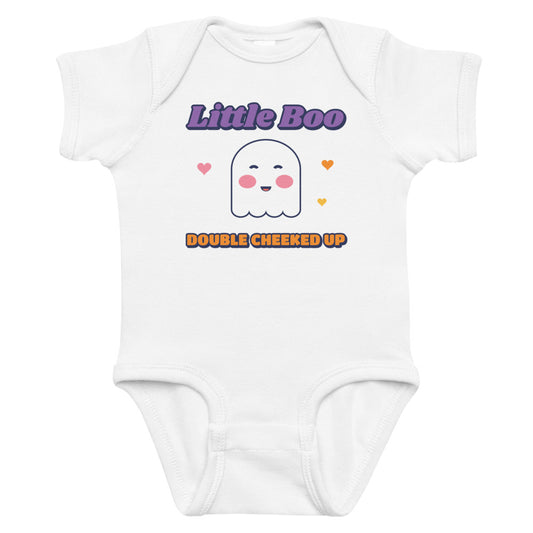 Double Cheeked Up Little Boo Baby Onesie in white, mockup of the design printed on the front of the baby onesie