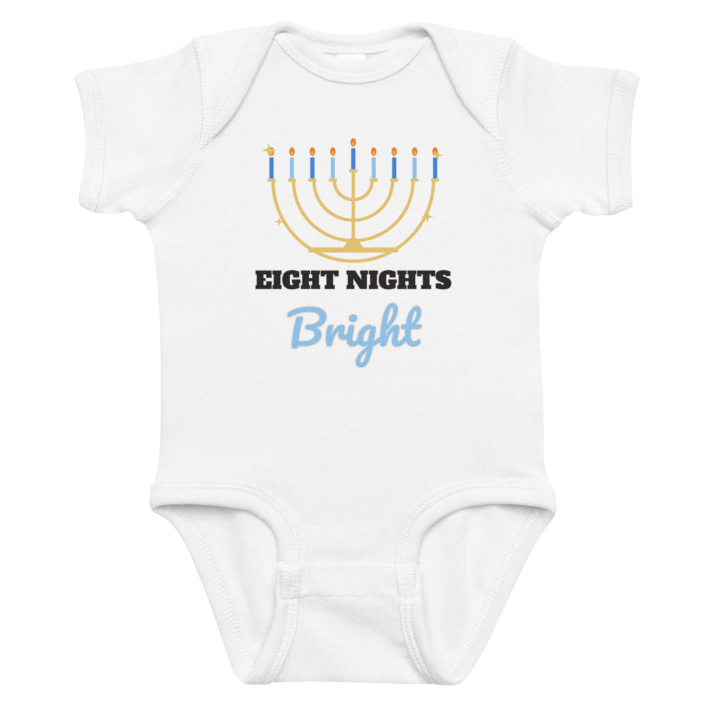 Eight Nights Bright Baby Onesie in white, mockup of the design printed on the front of the baby onesie